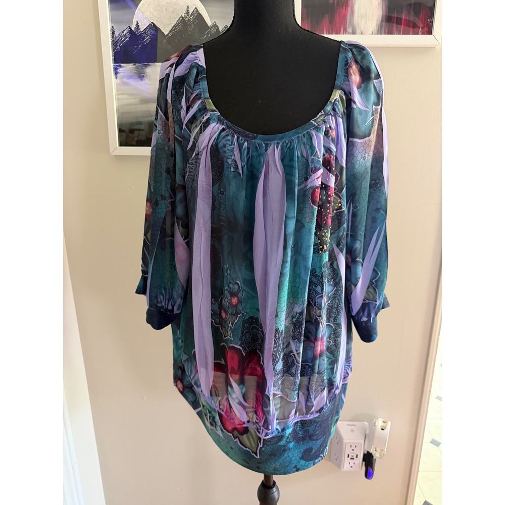 New Directions Woman Floral Beaded Tunic Top Teal Purple 1X 3/4 Sleeve Blouse
